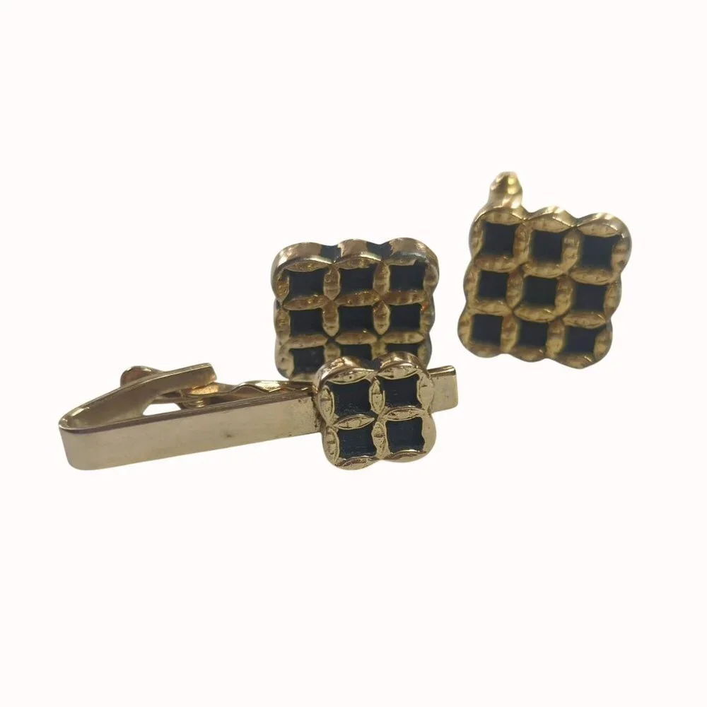 Vintage Black Gold Tone Square Grid Cufflinks and Tip Clip Set